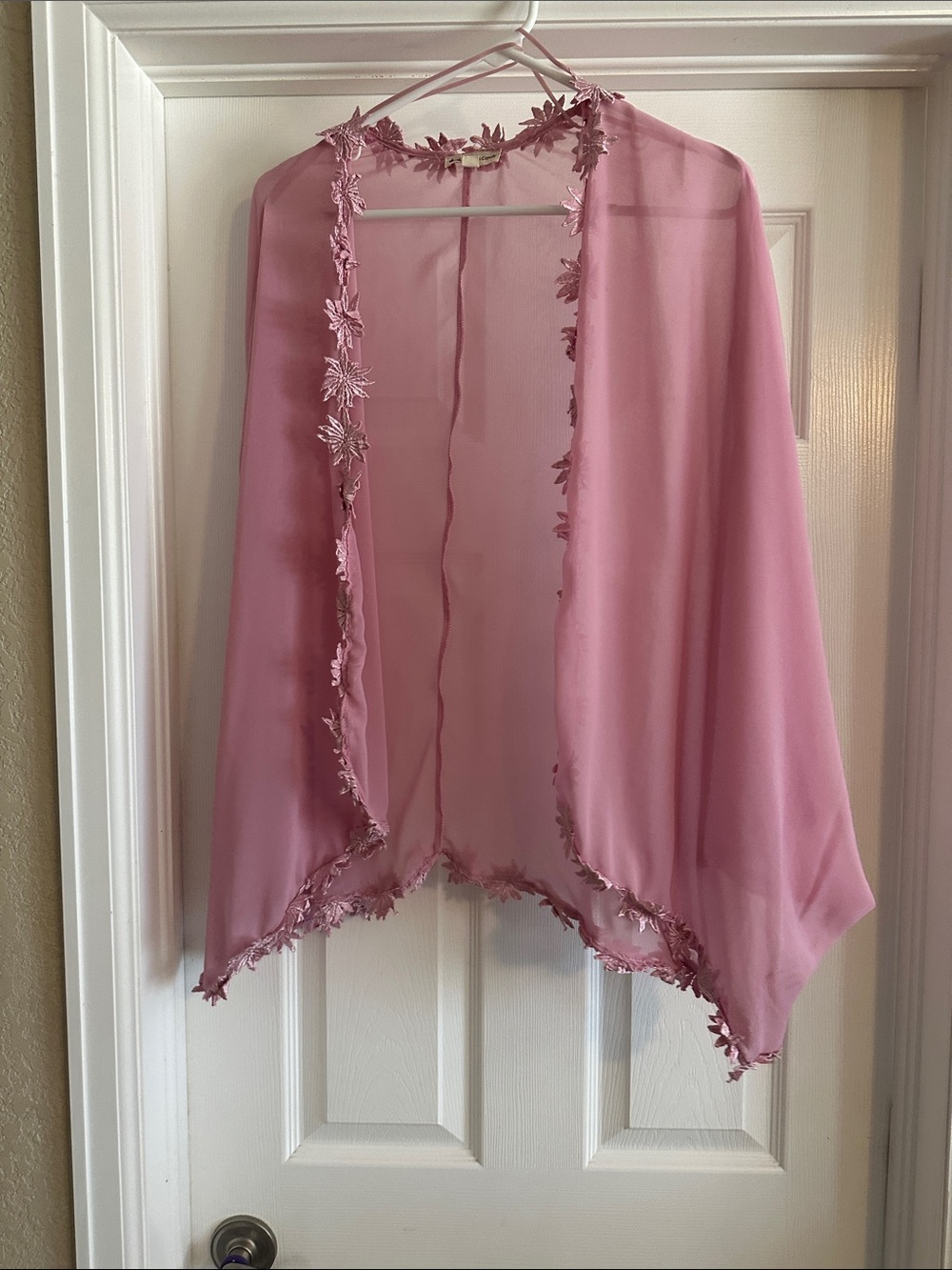 Cotton Candy Pink Sheer Floral-Trim Kimono